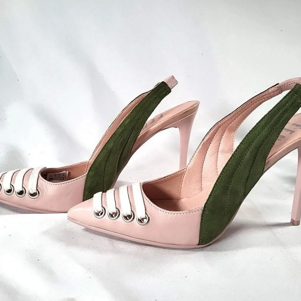 Fenty Puma by Rihanna Pink and Green Slingback laced Heels - Picture 1 of 8